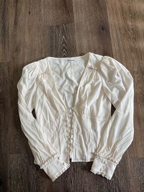 Reformation Lawrence Embroidered Organic Cotton Cream Blouse Long Sleeve Sz 6